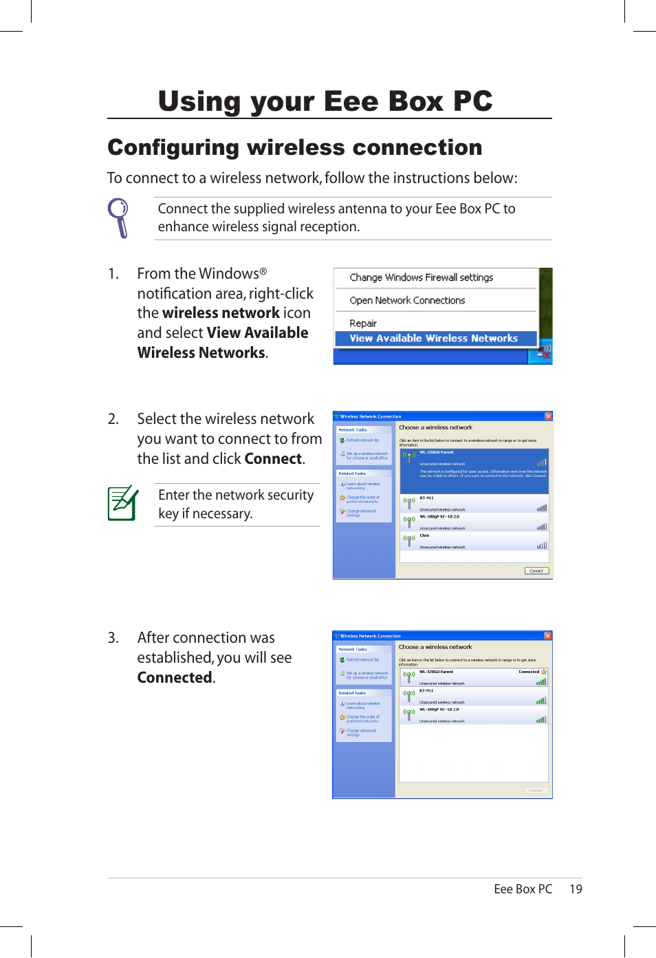 Using your eee box pc, Configuring wireless connection | Asus B202 User Manual | Page 19 / 32