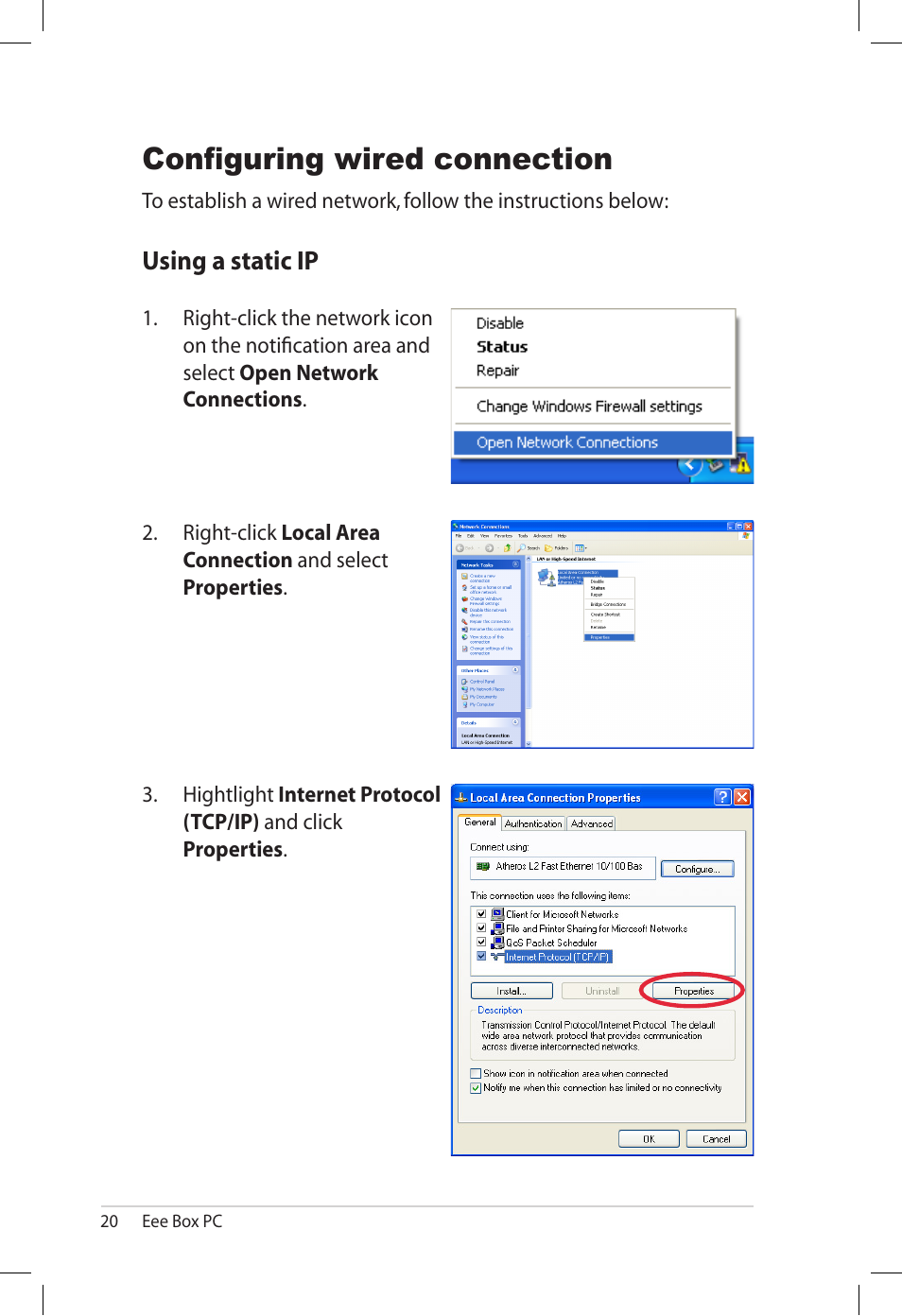 Configuring wired connection, Using a static ip | Asus B202 User Manual | Page 20 / 32