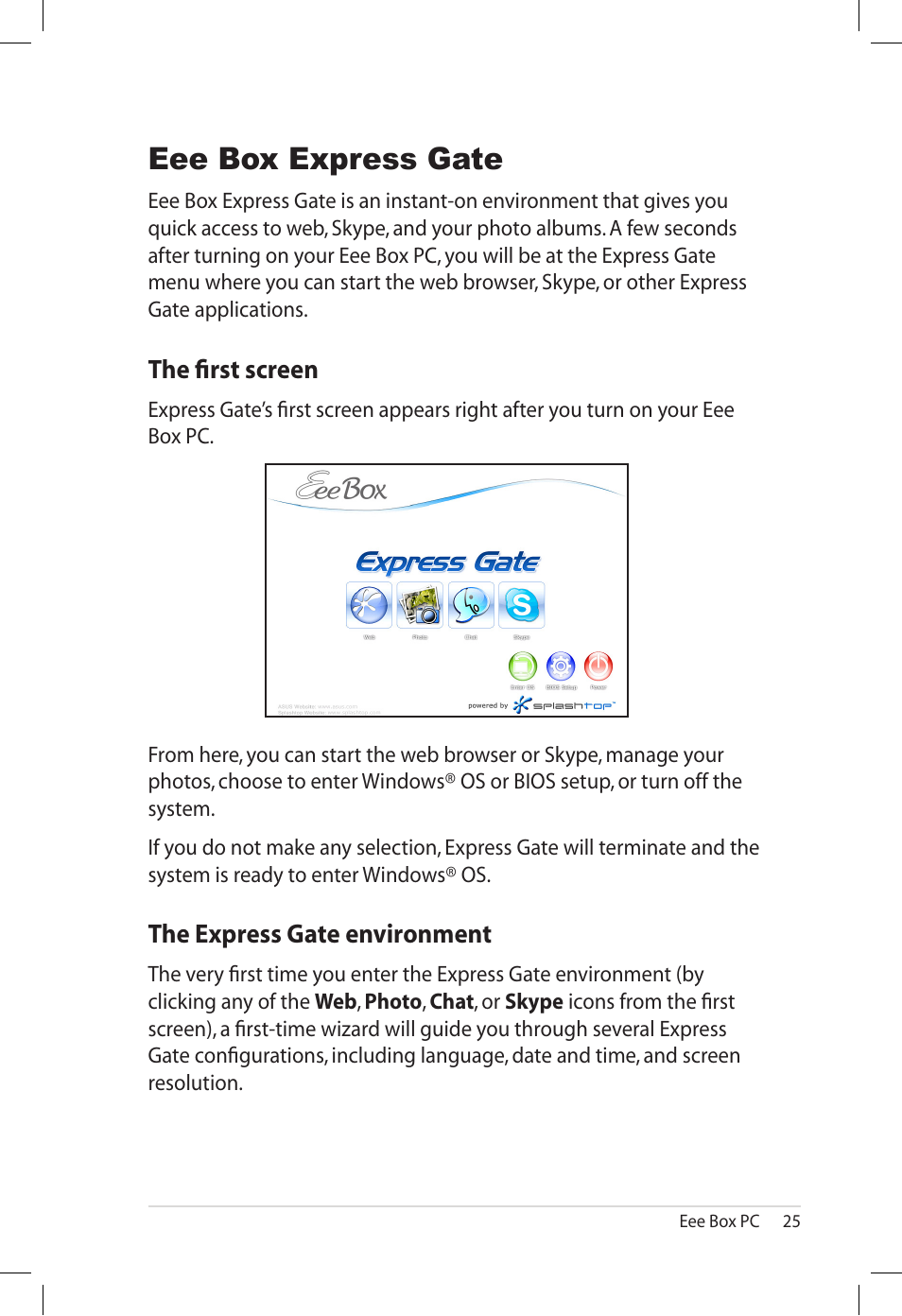 Eee box express gate, The first screen, The express gate environment | Asus B202 User Manual | Page 25 / 32