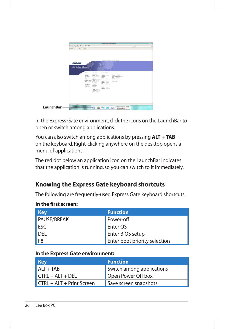 Knowing the express gate keyboard shortcuts | Asus B202 User Manual | Page 26 / 32