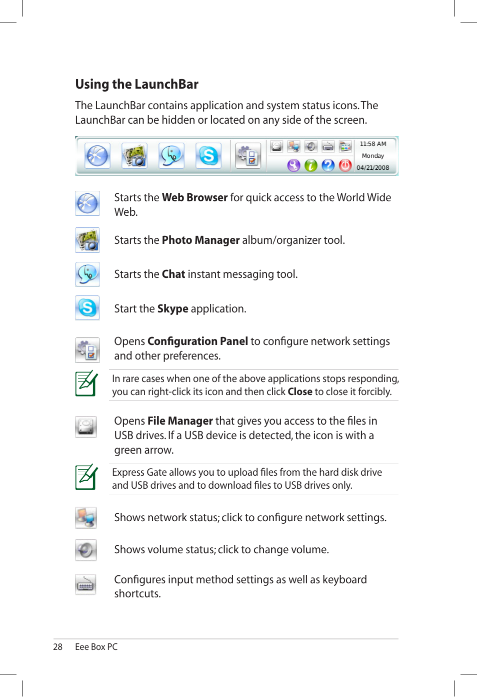 Using the launchbar | Asus B202 User Manual | Page 28 / 32