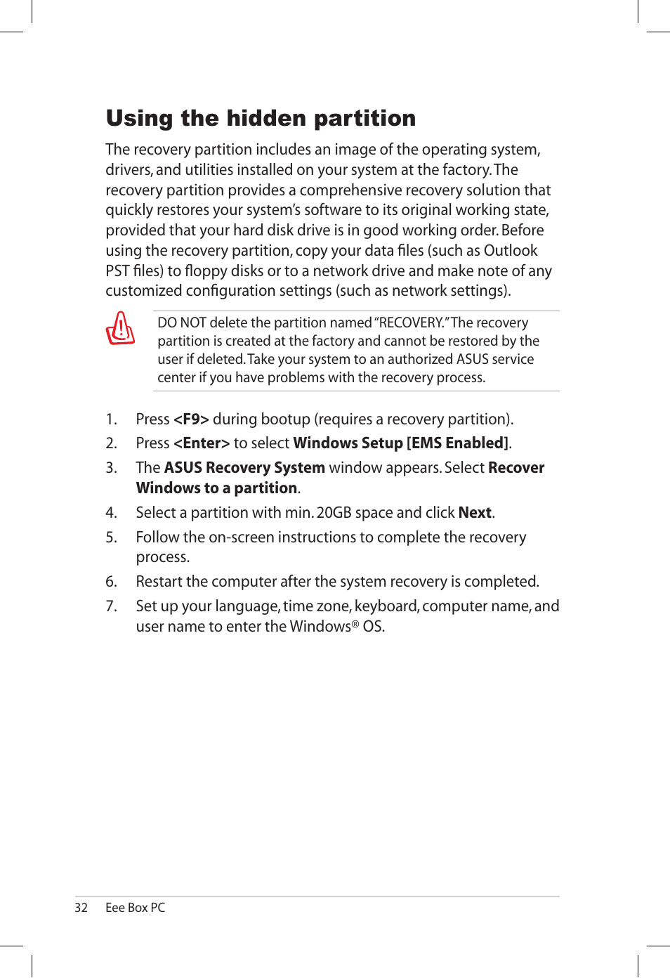 Using the hidden partition | Asus B202 User Manual | Page 32 / 32