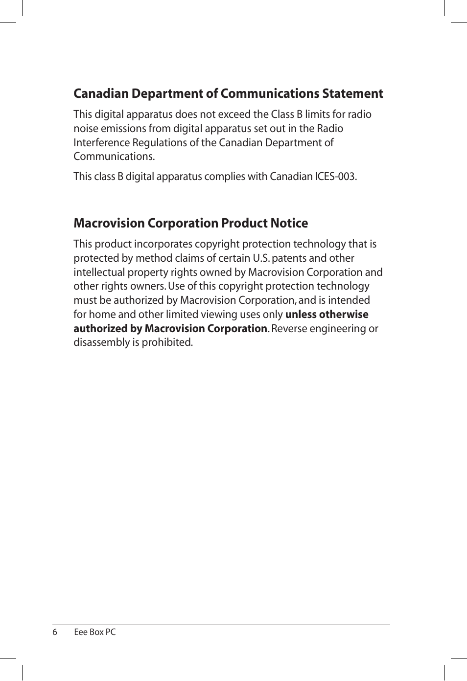 Canadian department of communications statement, Macrovision corporation product notice | Asus B202 User Manual | Page 6 / 32