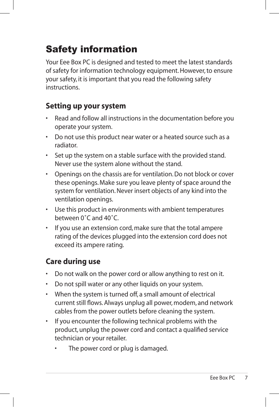 Safety information, Setting up your system, Care during use | Asus B202 User Manual | Page 7 / 32