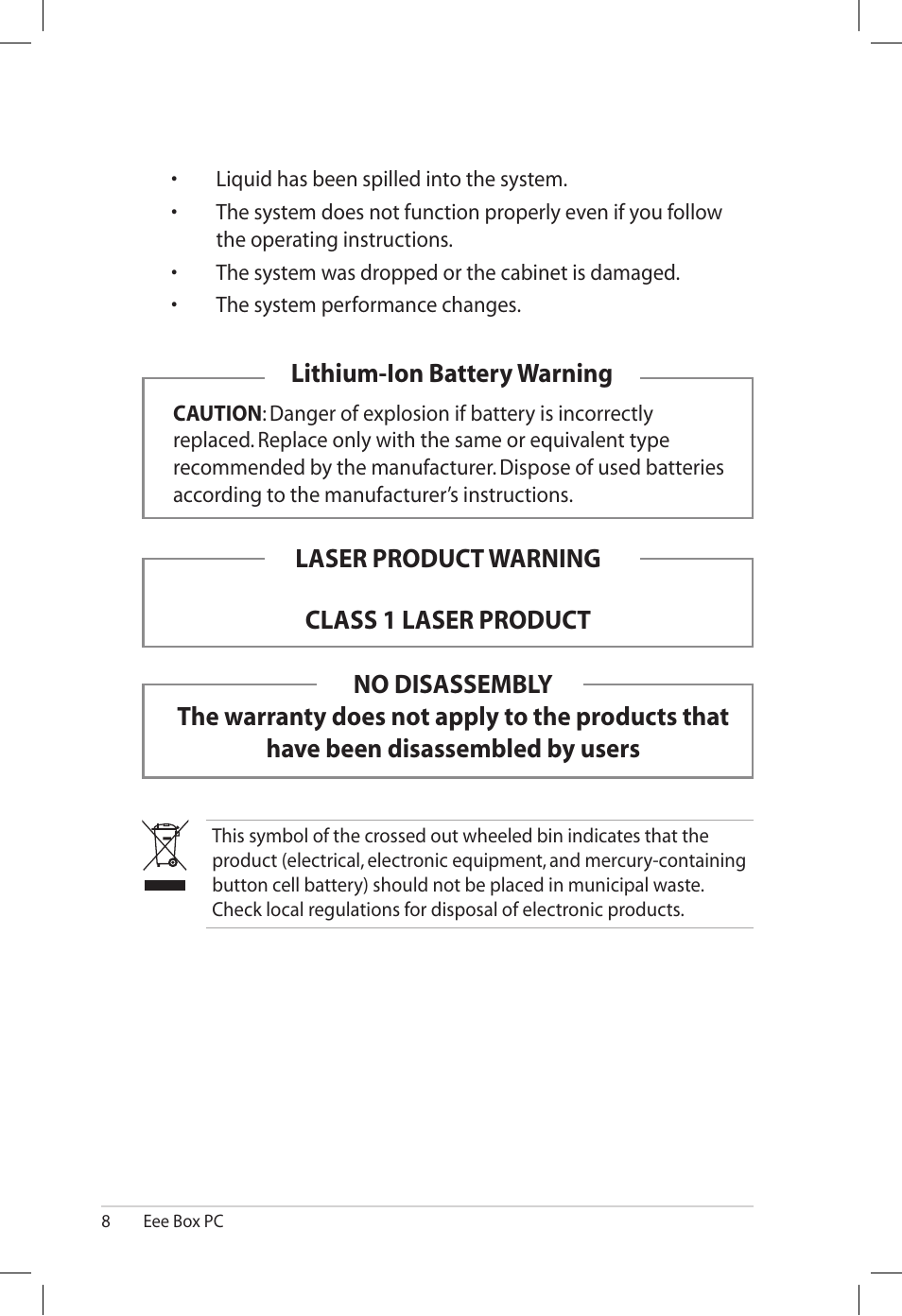 Laser product warning class 1 laser product | Asus B202 User Manual | Page 8 / 32