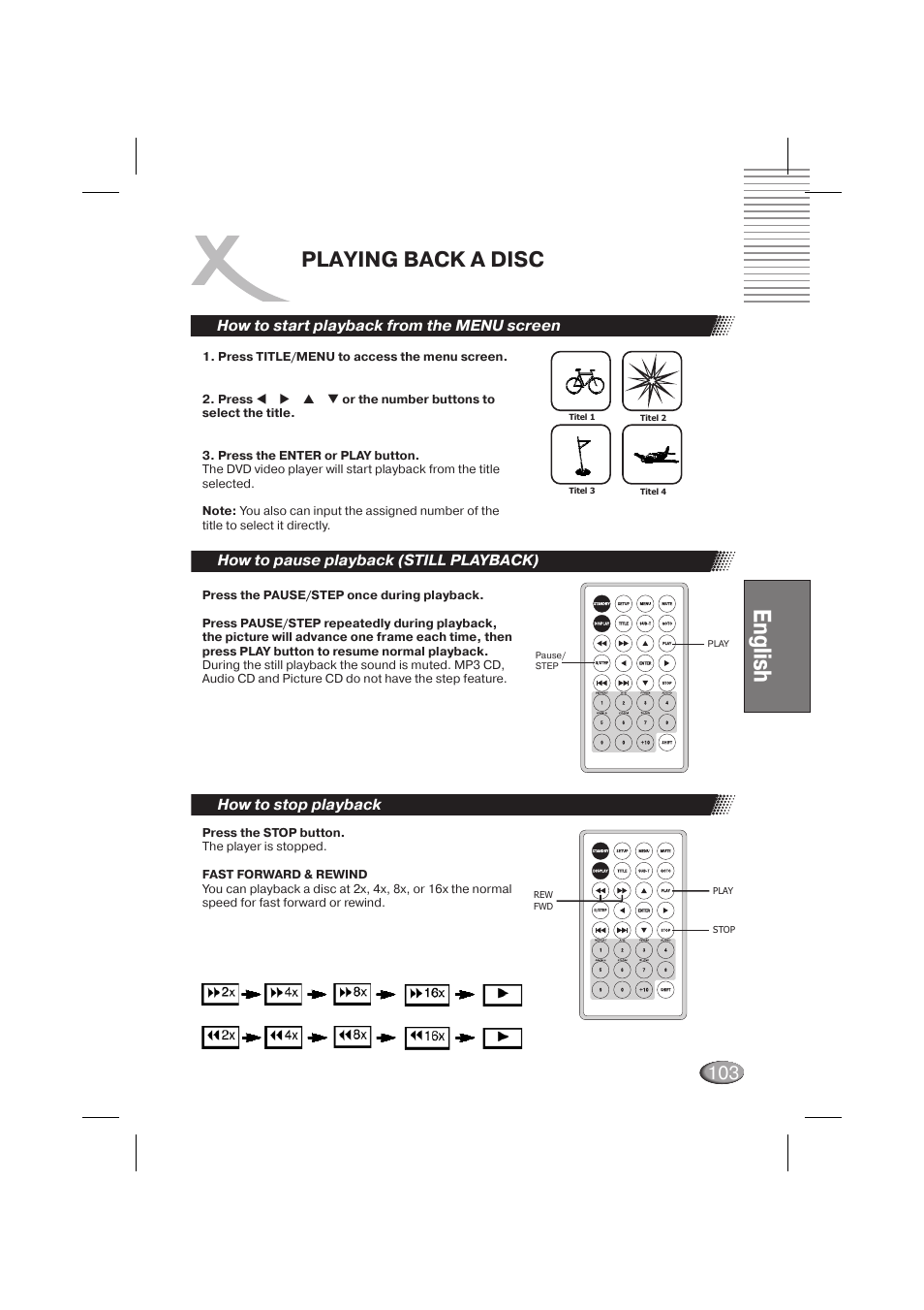 English, Playing back a disc, How to start playback from the menu screen | Xoro HSD 710 User Manual | Page 103 / 124