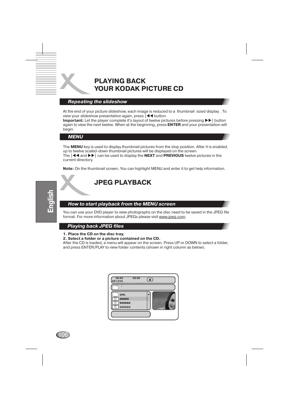 English, Playing back your kodak picture cd, Jpeg playback | Xoro HSD 710 User Manual | Page 106 / 124