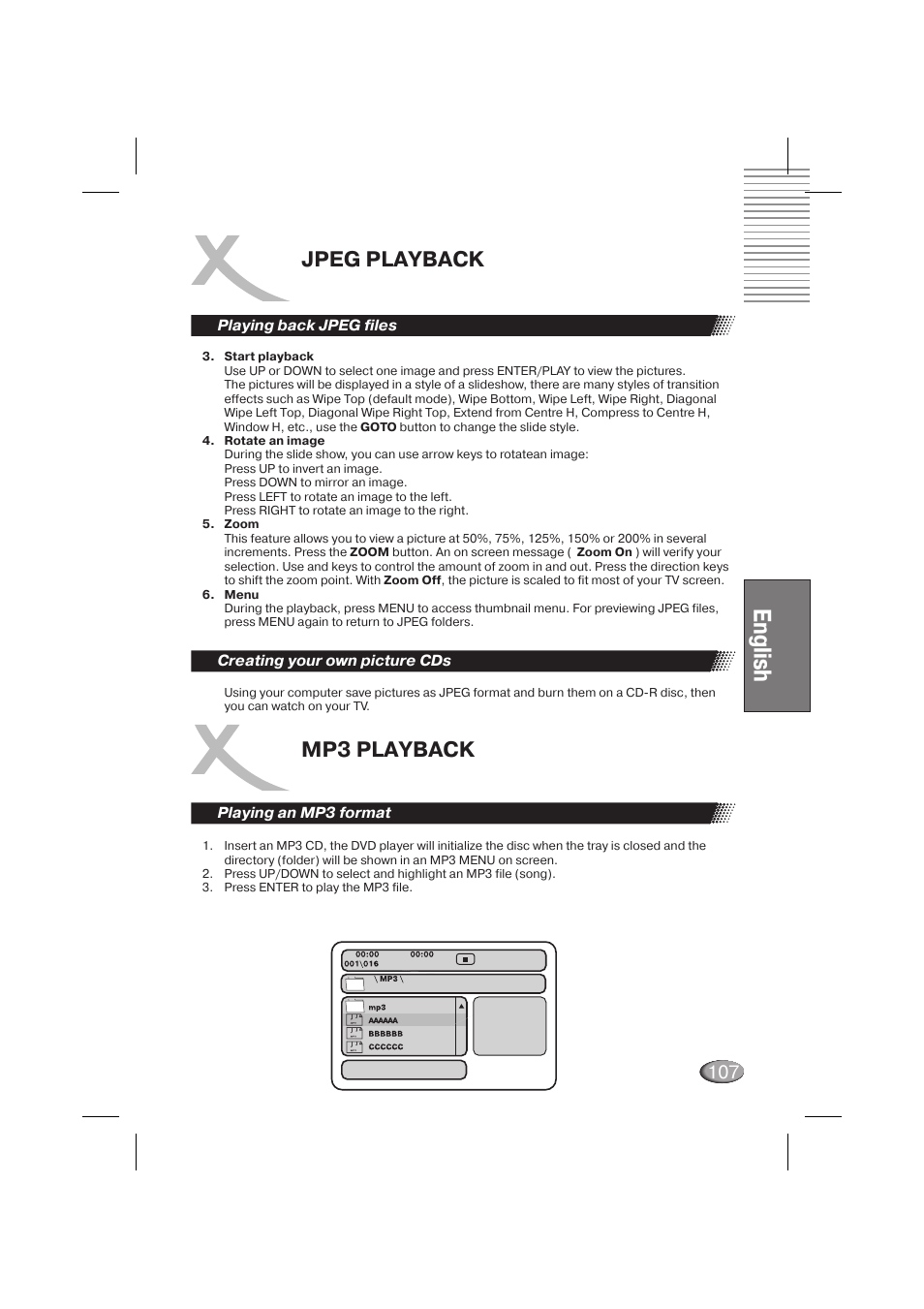 English, Jpeg playback, Mp3 playback | Xoro HSD 710 User Manual | Page 107 / 124