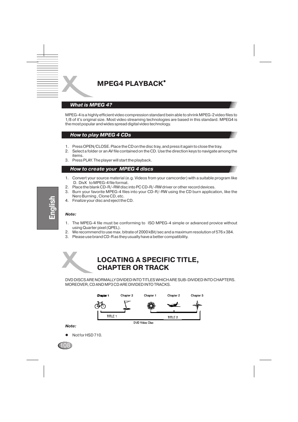 English, Mpeg4 playback, Locating a specific title, chapter or track | Xoro HSD 710 User Manual | Page 108 / 124