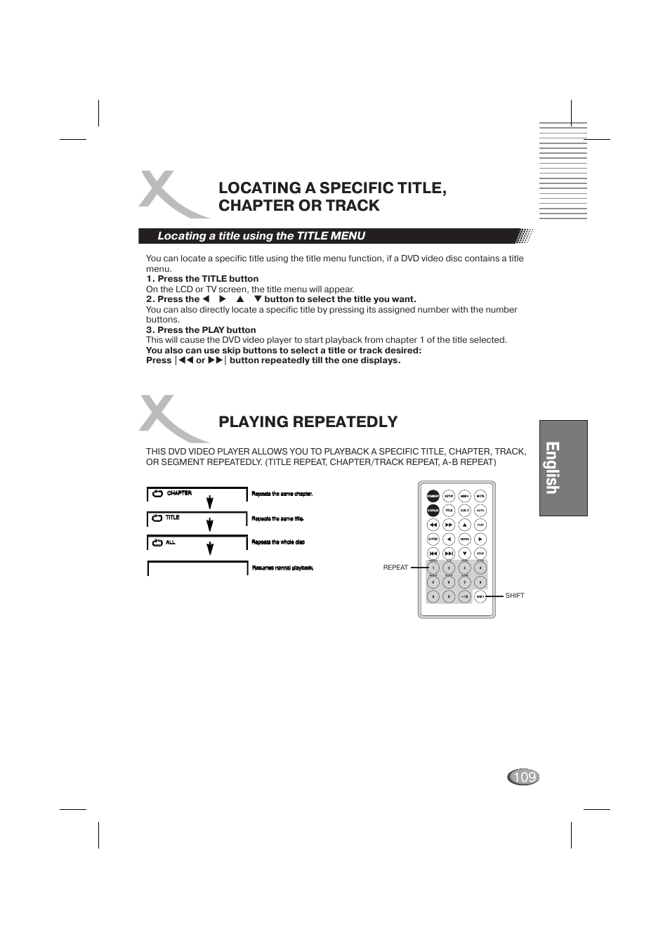 English, Locating a specific title, chapter or track, Playing repeatedly | Xoro HSD 710 User Manual | Page 109 / 124