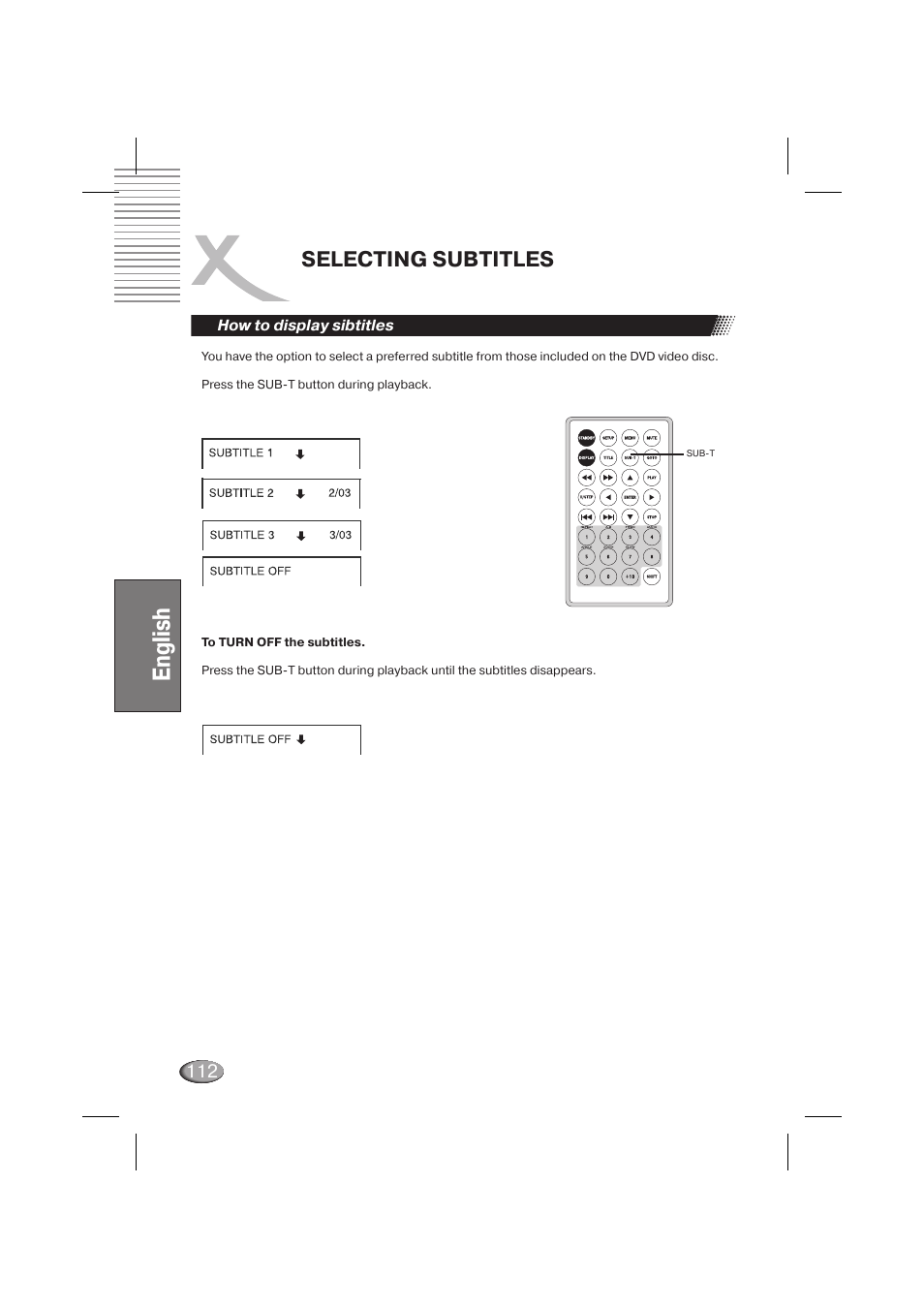 English, Selecting subtitles | Xoro HSD 710 User Manual | Page 112 / 124