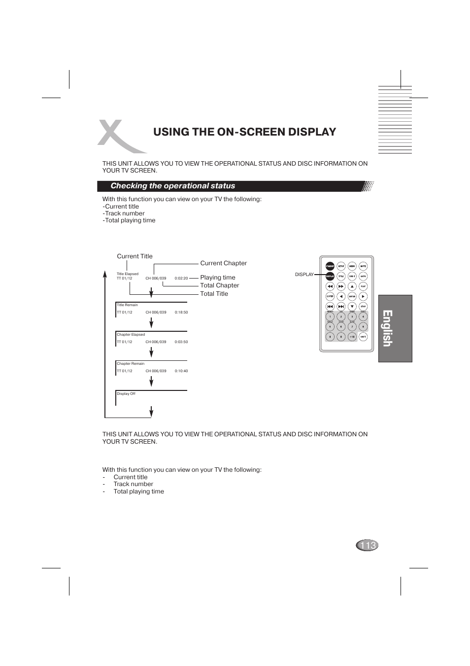 English, Using the on screen display, Checking the operational status | Xoro HSD 710 User Manual | Page 113 / 124