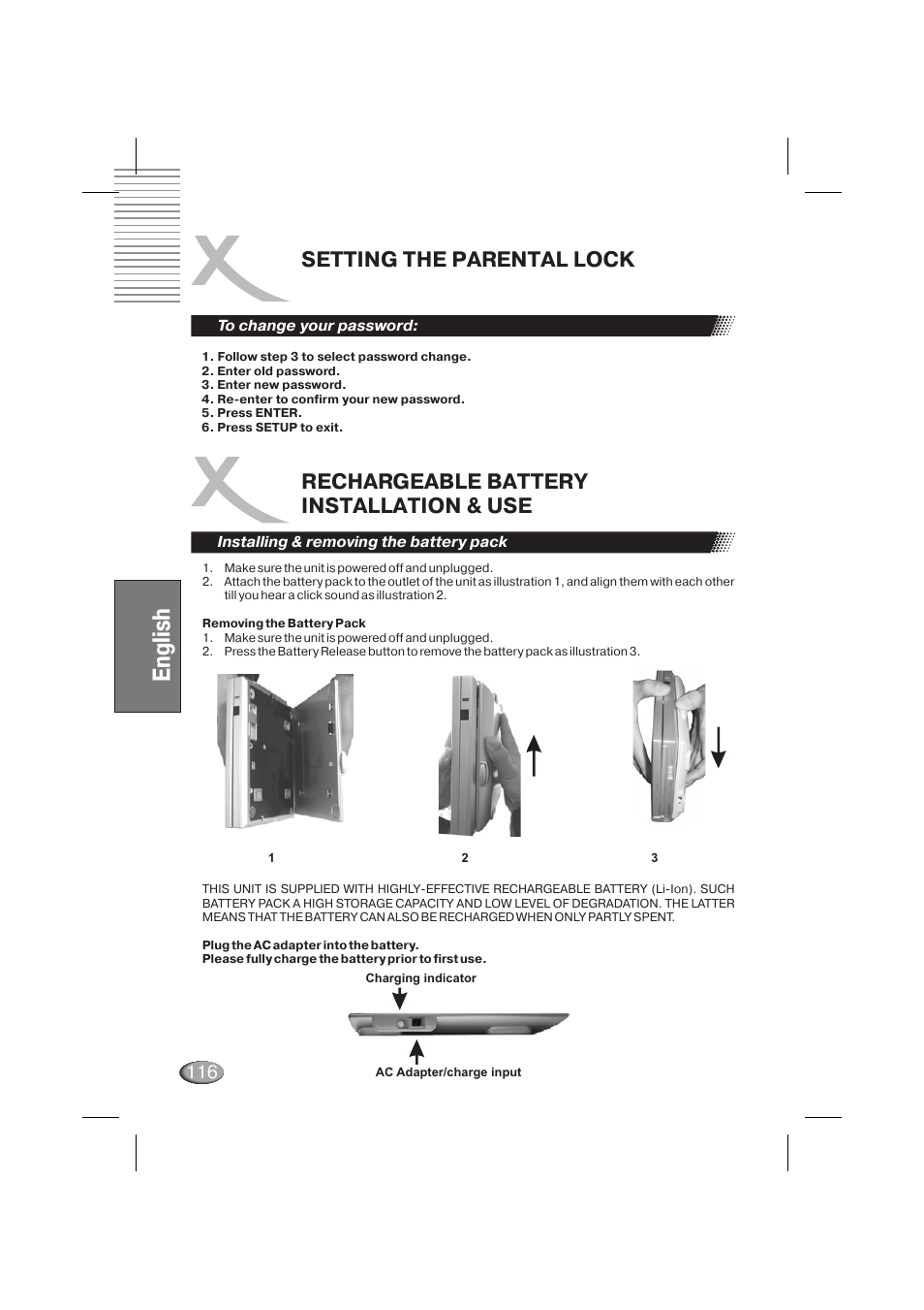 English, Setting the parental lock, Rechargeable battery installation & use | Xoro HSD 710 User Manual | Page 116 / 124