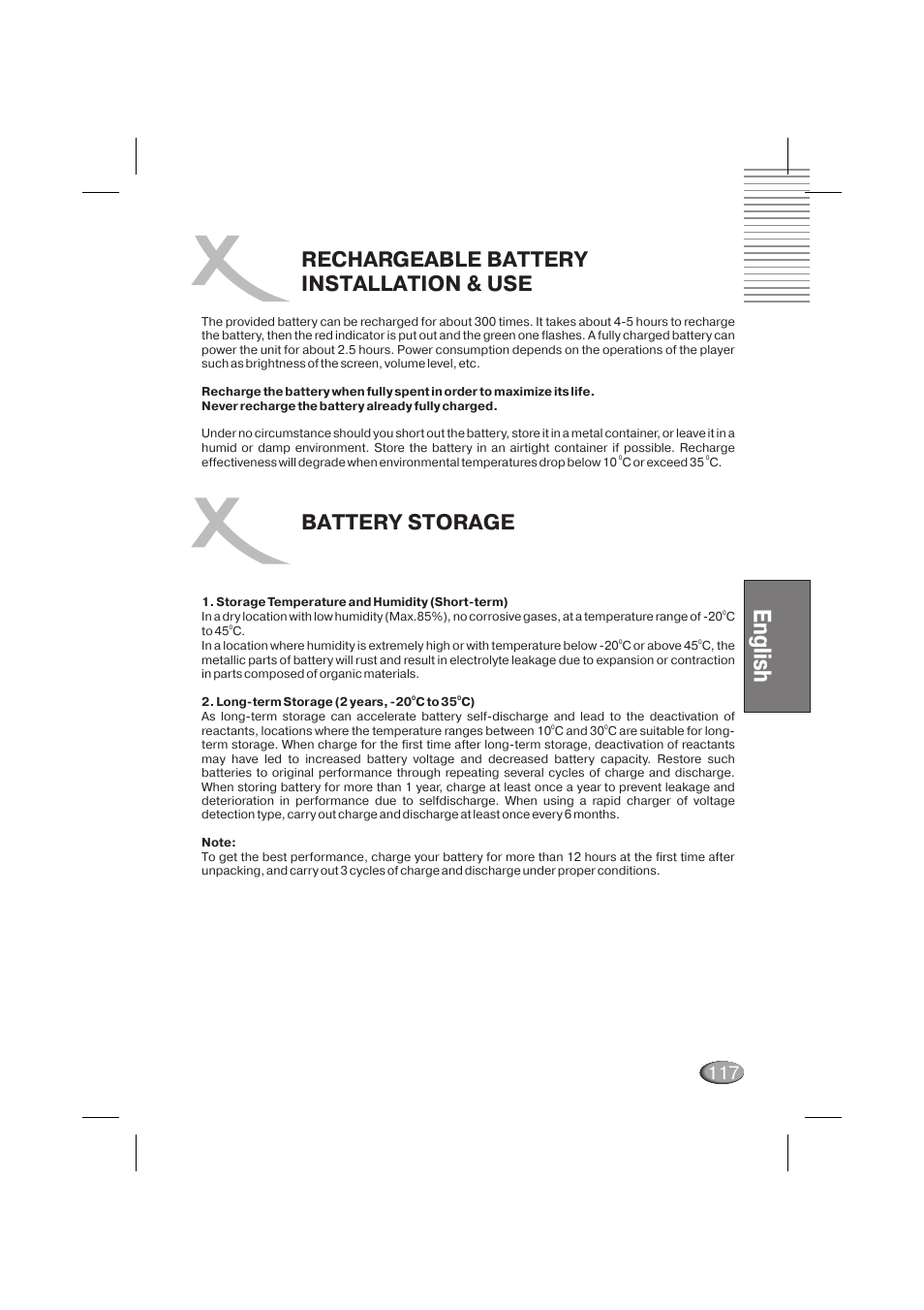 English, Rechargeable battery installation & use, Battery storage | Xoro HSD 710 User Manual | Page 117 / 124