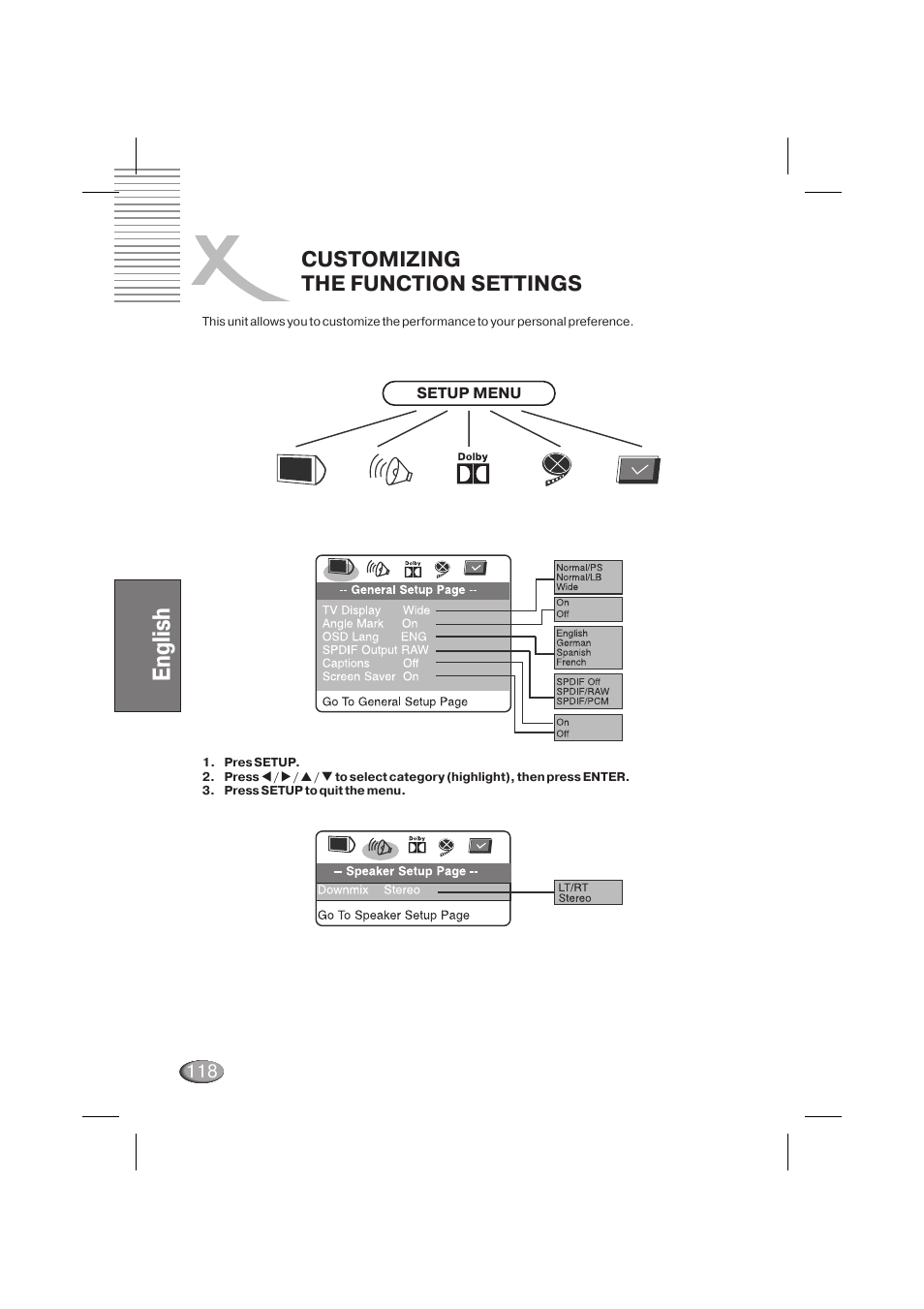 English, Customizing the function settings | Xoro HSD 710 User Manual | Page 118 / 124