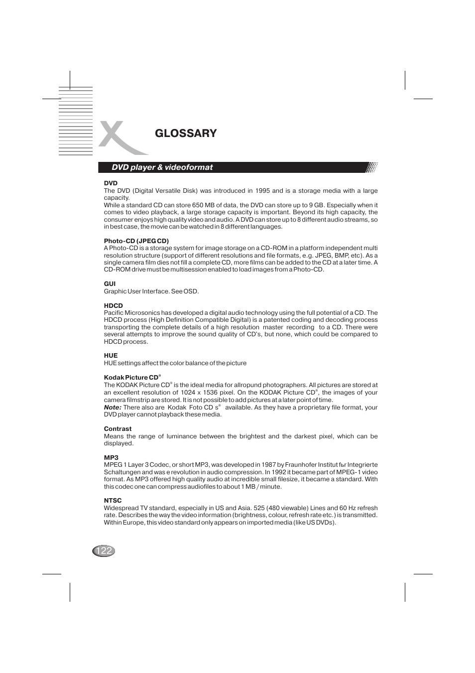 Glossary, Dvd player & videoformat | Xoro HSD 710 User Manual | Page 122 / 124