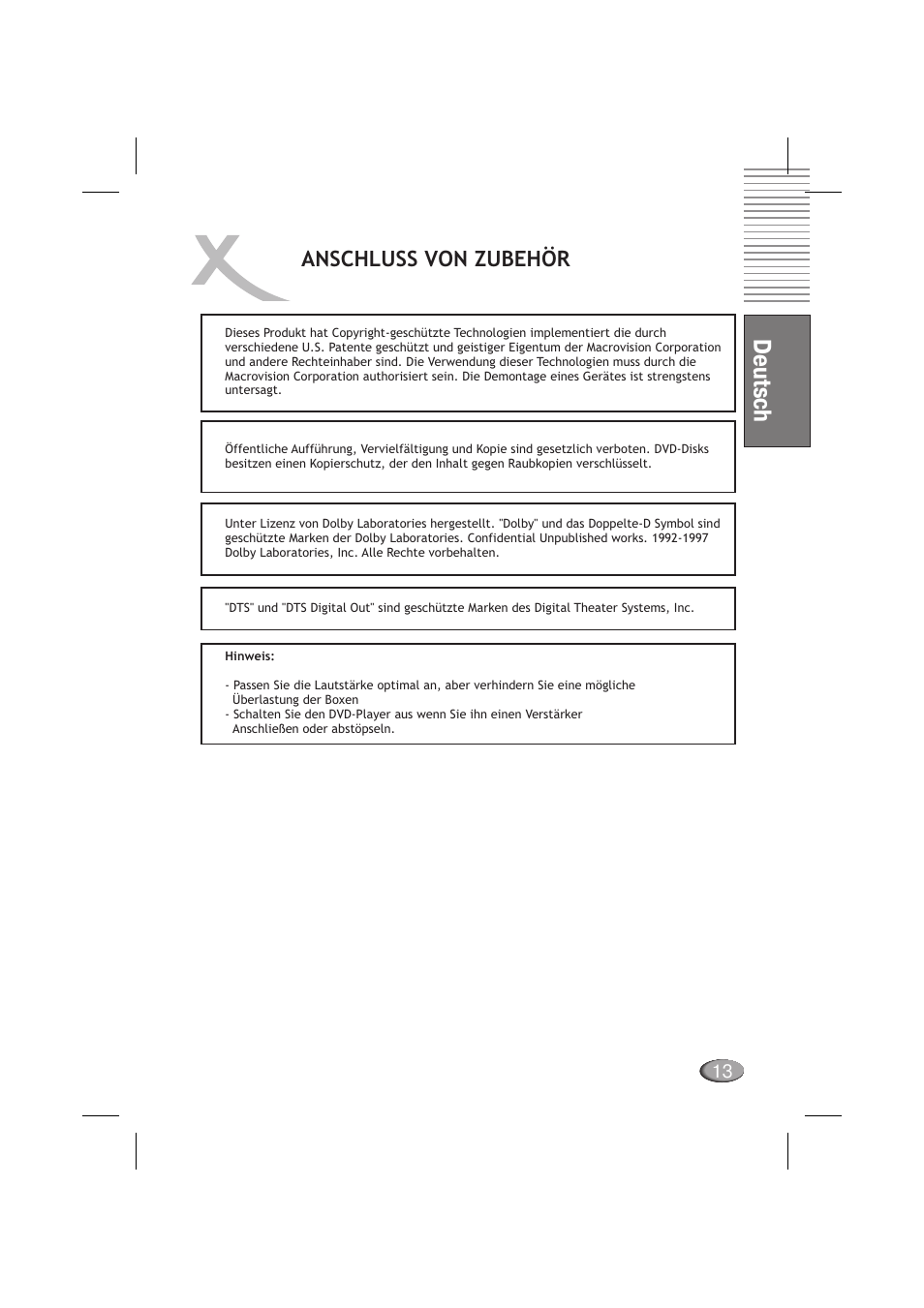 Deutsch, Anschluss von zubehör | Xoro HSD 710 User Manual | Page 13 / 124