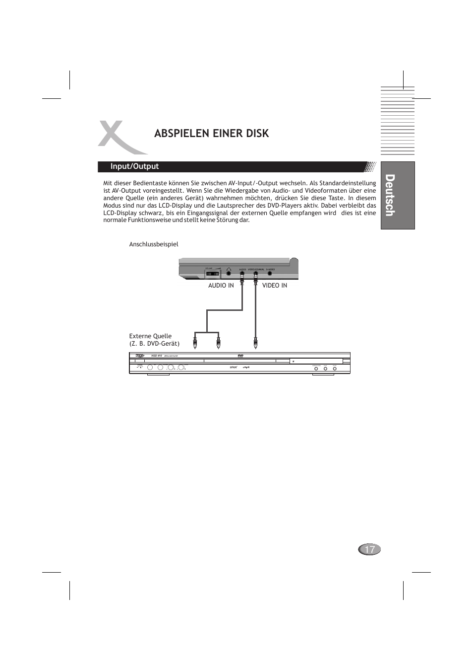 Deutsch, Abspielen einer disk, Input/output | On / off | Xoro HSD 710 User Manual | Page 17 / 124