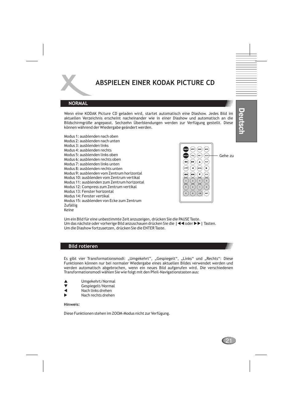 Deutsch, Abspielen einer kodak picture cd | Xoro HSD 710 User Manual | Page 21 / 124