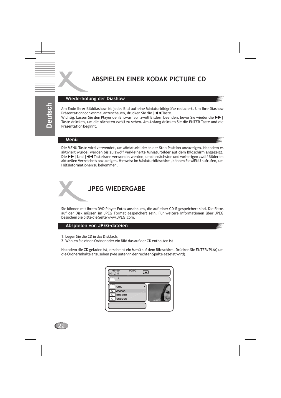 Deutsch, Abspielen einer kodak picture cd, Jpeg wiedergabe | Xoro HSD 710 User Manual | Page 22 / 124