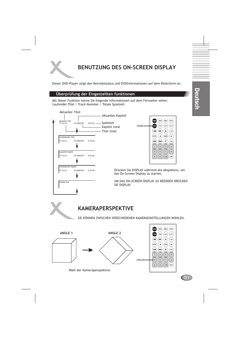 Deutsch, Benutzung des on-screen display, Kameraperspektive | Überprüfung der eingestellten funktionen | Xoro HSD 710 User Manual | Page 31 / 124