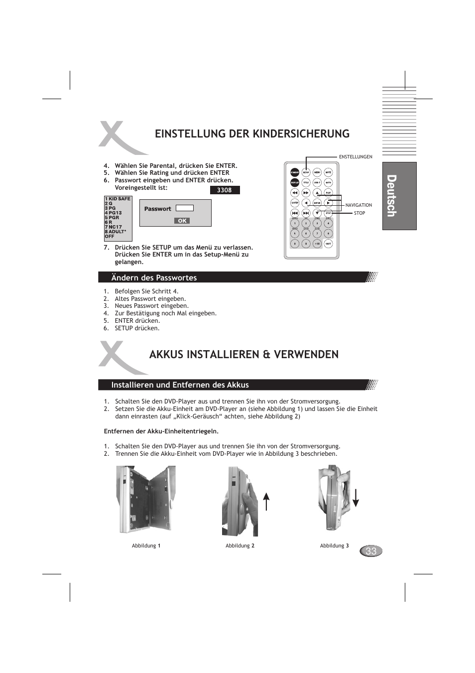 Deutsch, Einstellung der kindersicherung, Akkus installieren & verwenden | Xoro HSD 710 User Manual | Page 33 / 124