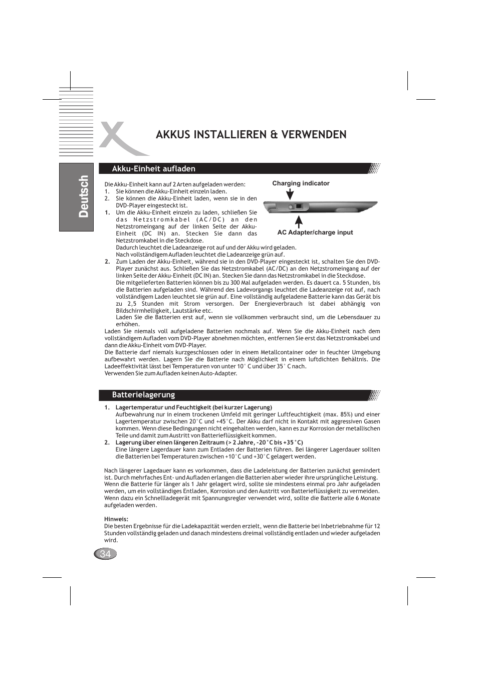 Deutsch, Akkus installieren & verwenden | Xoro HSD 710 User Manual | Page 34 / 124