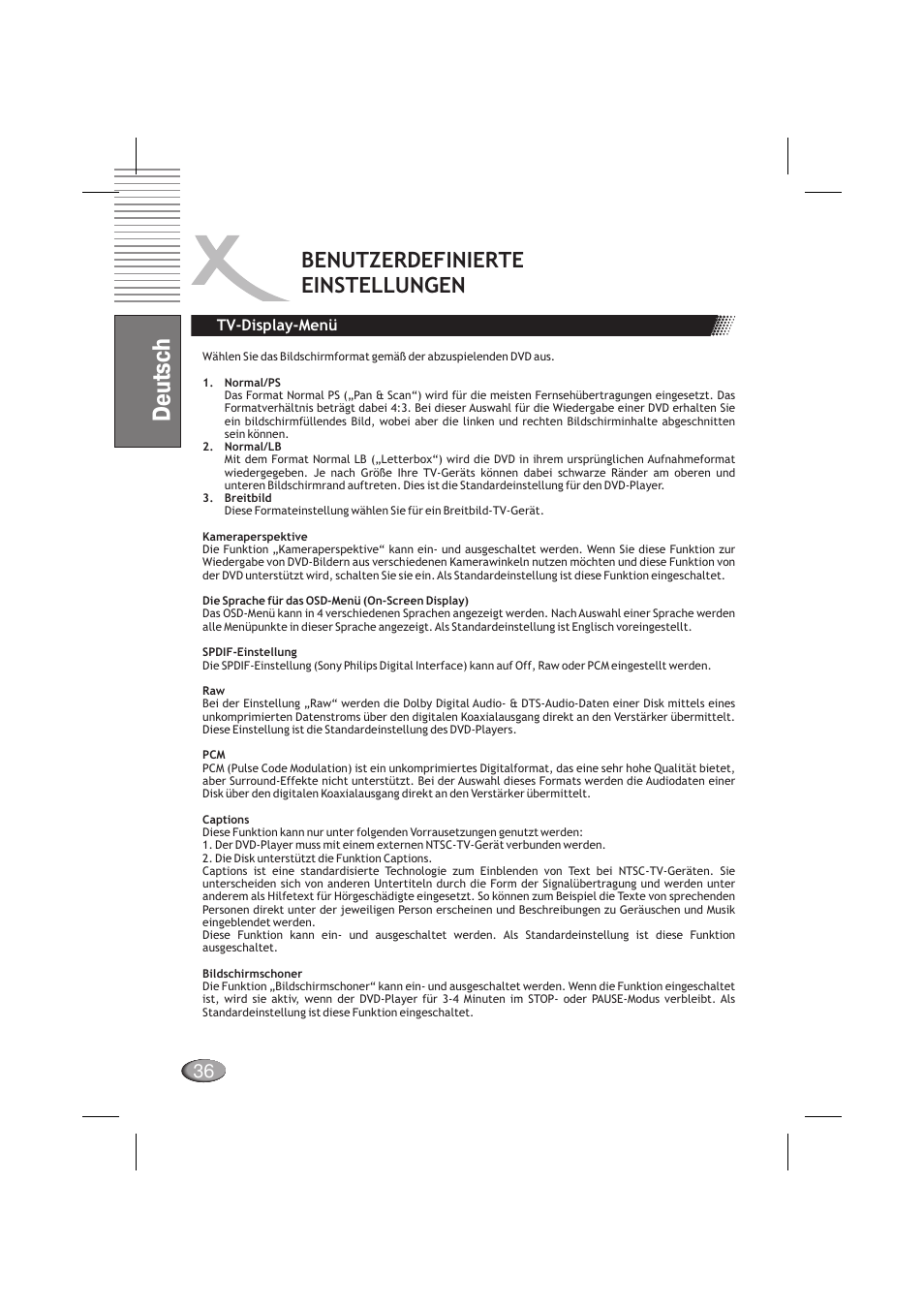 Deutsch, Benutzerdefinierte einstellungen | Xoro HSD 710 User Manual | Page 36 / 124