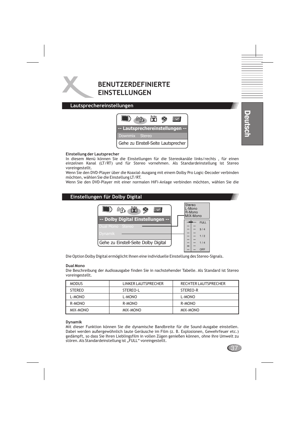 Deutsch, Benutzerdefinierte einstellungen | Xoro HSD 710 User Manual | Page 37 / 124