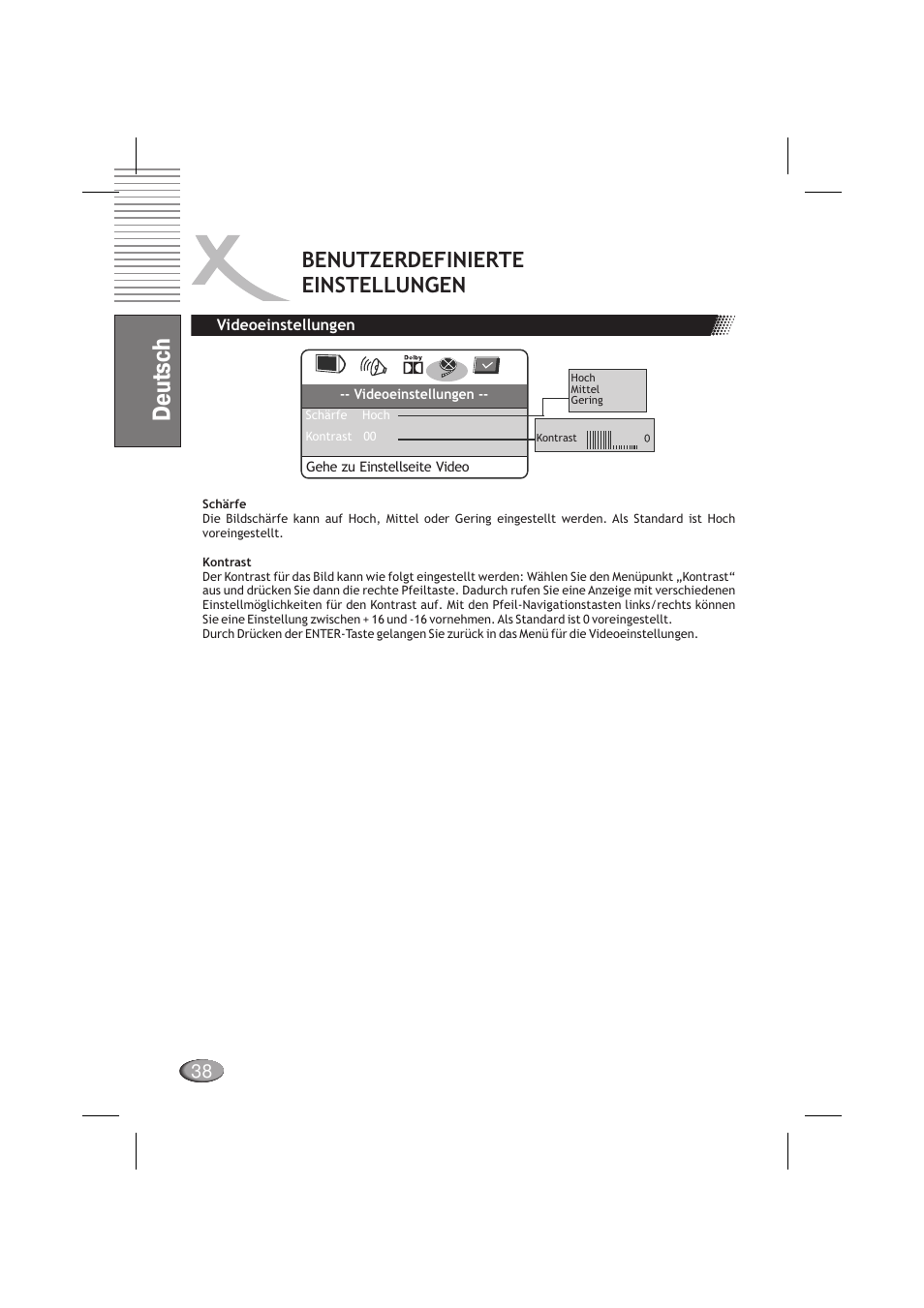 Deutsch, Benutzerdefinierte einstellungen | Xoro HSD 710 User Manual | Page 38 / 124