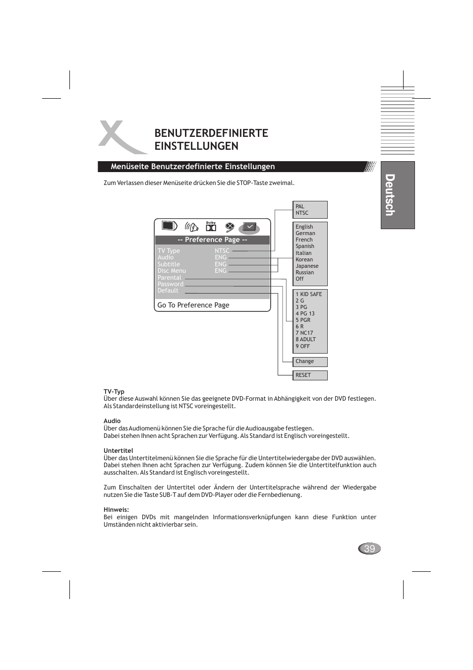 Deutsch, Benutzerdefinierte einstellungen | Xoro HSD 710 User Manual | Page 39 / 124