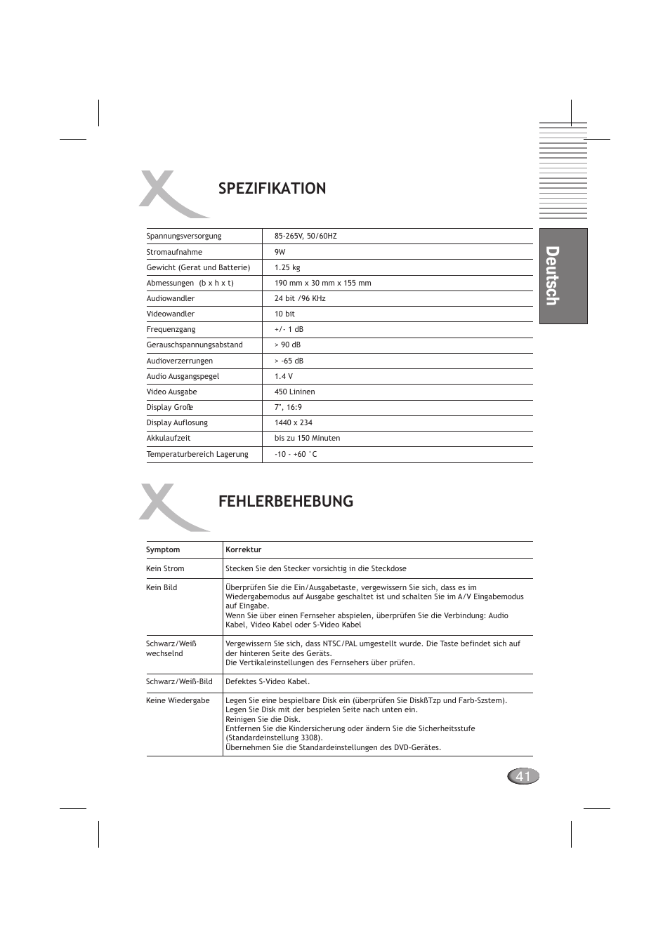 Deutsch, Spezifikation, Fehlerbehebung | Xoro HSD 710 User Manual | Page 41 / 124