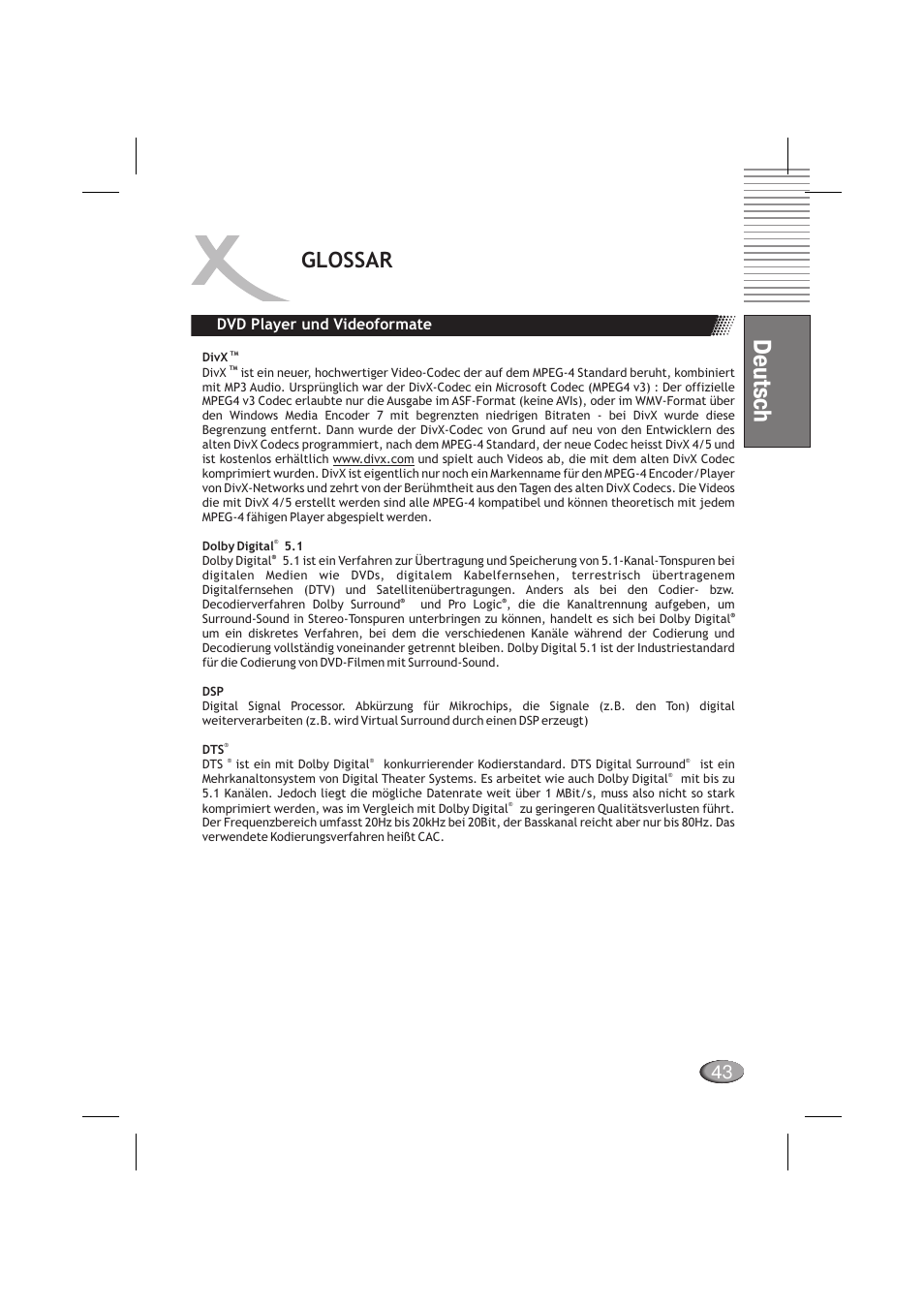 Deutsch, Glossar, Dvd player und videoformate | Xoro HSD 710 User Manual | Page 43 / 124