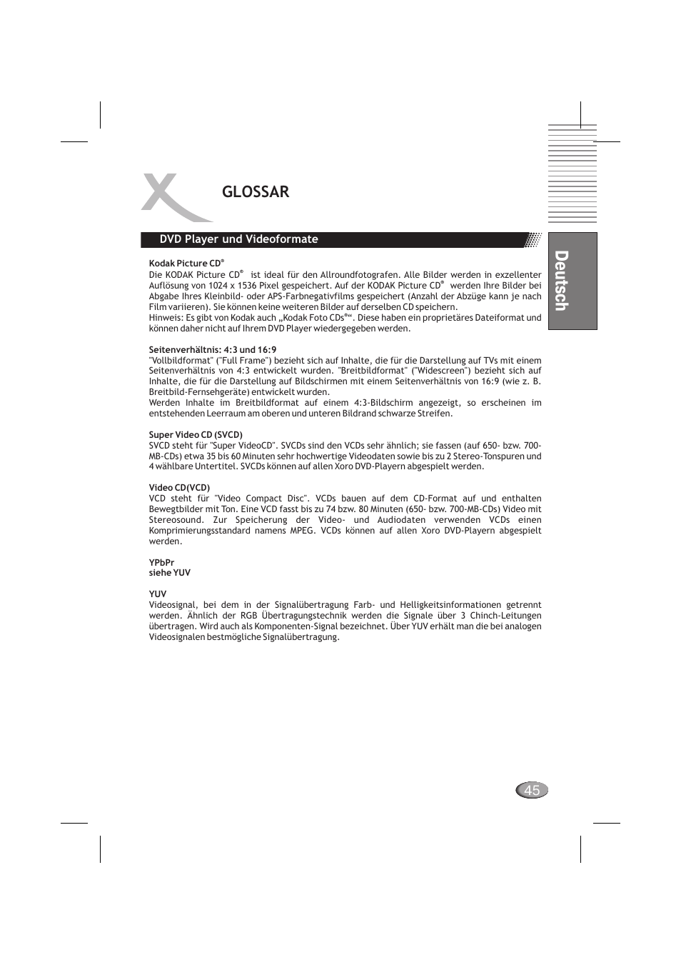 Deutsch, Glossar, Dvd player und videoformate | Xoro HSD 710 User Manual | Page 45 / 124