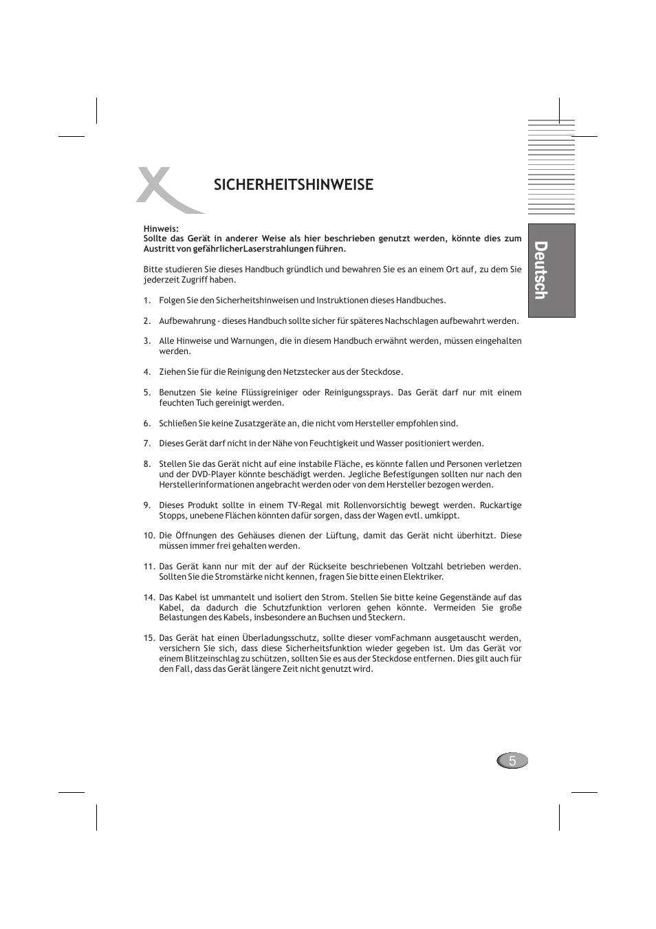 Deutsch, Sicherheitshinweise | Xoro HSD 710 User Manual | Page 5 / 124