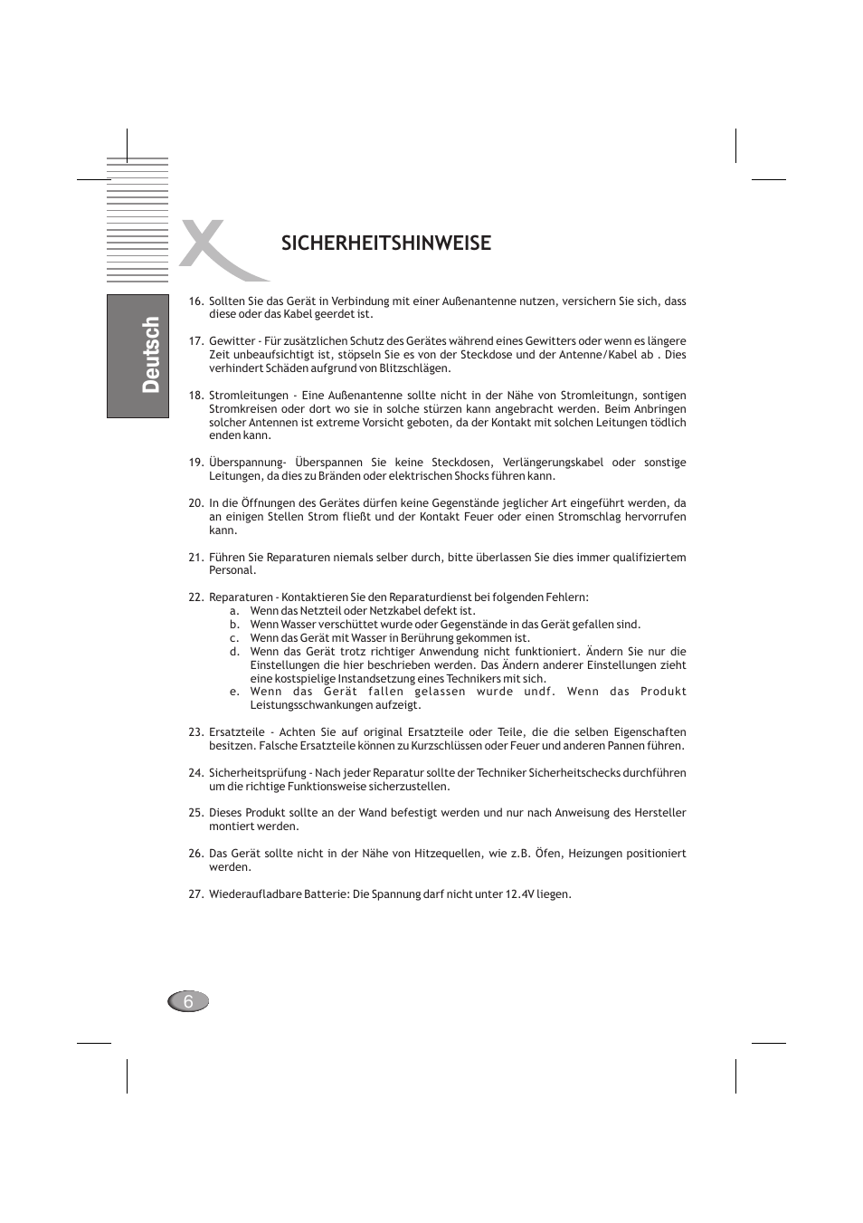 Deutsch, Sicherheitshinweise | Xoro HSD 710 User Manual | Page 6 / 124