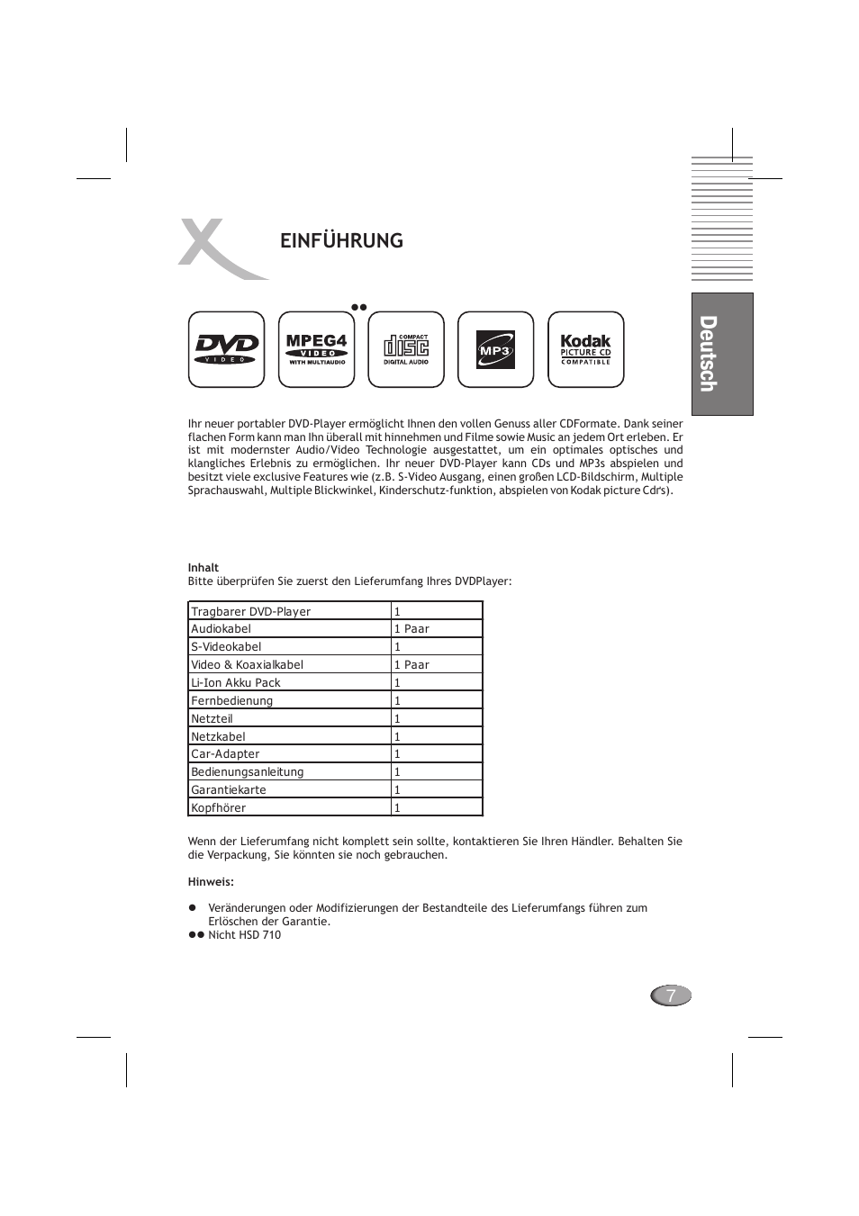 Deutsch, Einführung | Xoro HSD 710 User Manual | Page 7 / 124