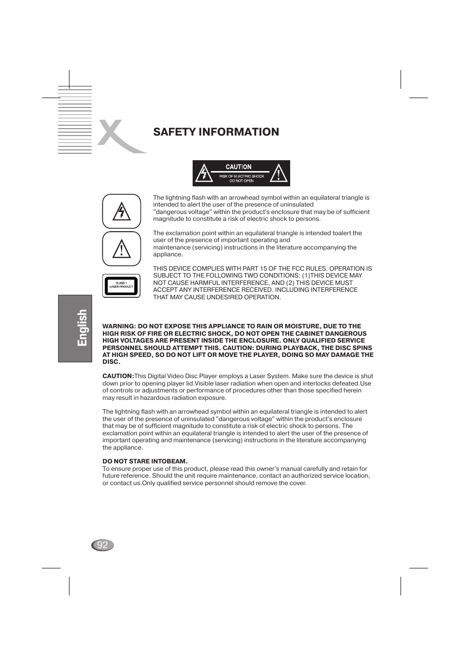 English, Safety information | Xoro HSD 710 User Manual | Page 92 / 124
