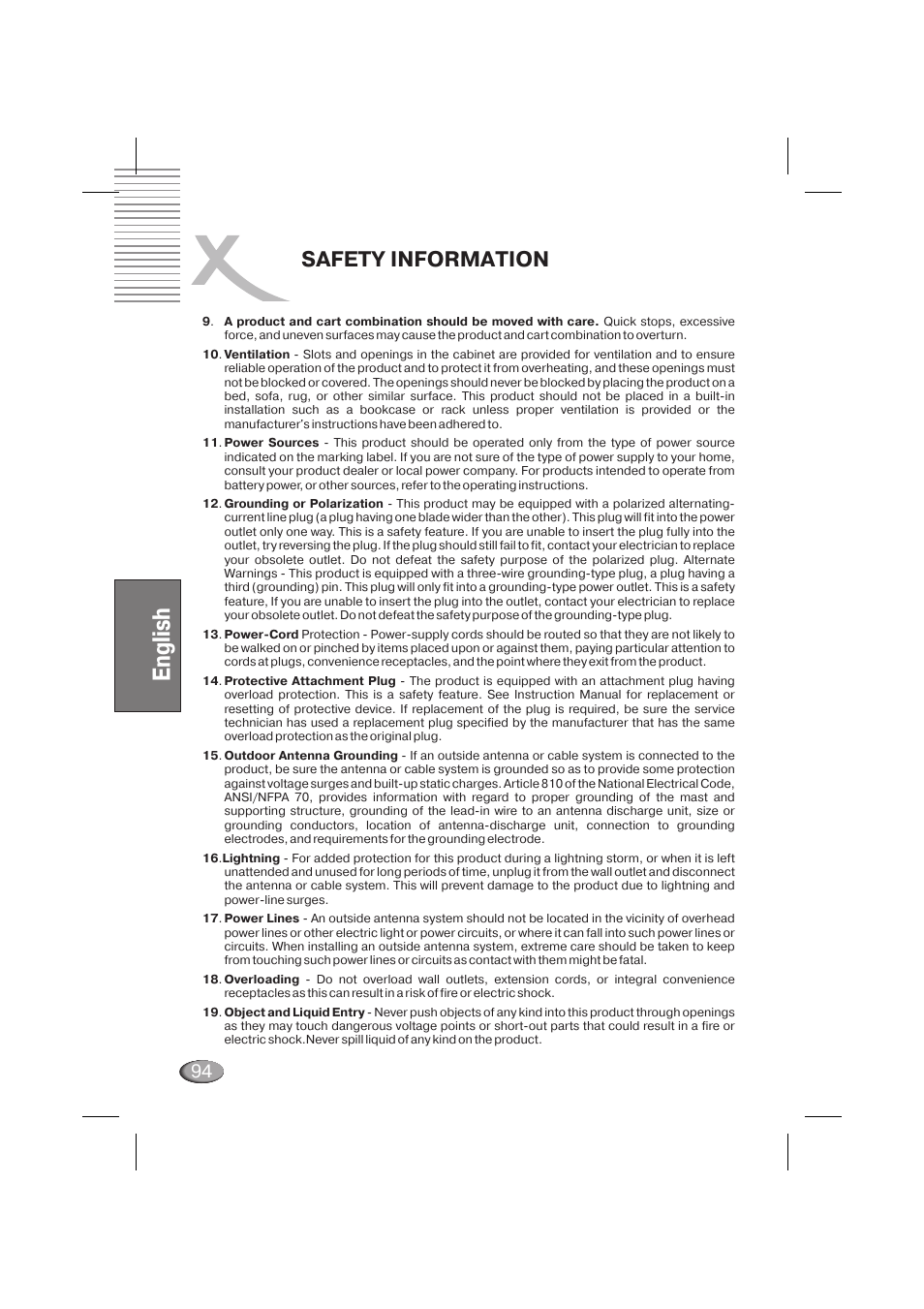 English, Safety information | Xoro HSD 710 User Manual | Page 94 / 124