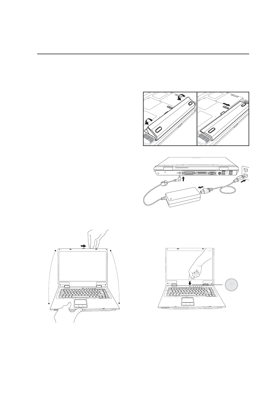 Install the battery pack, Connect the ac power adapter, Open the display panel | Asus M6N User Manual | Page 14 / 76