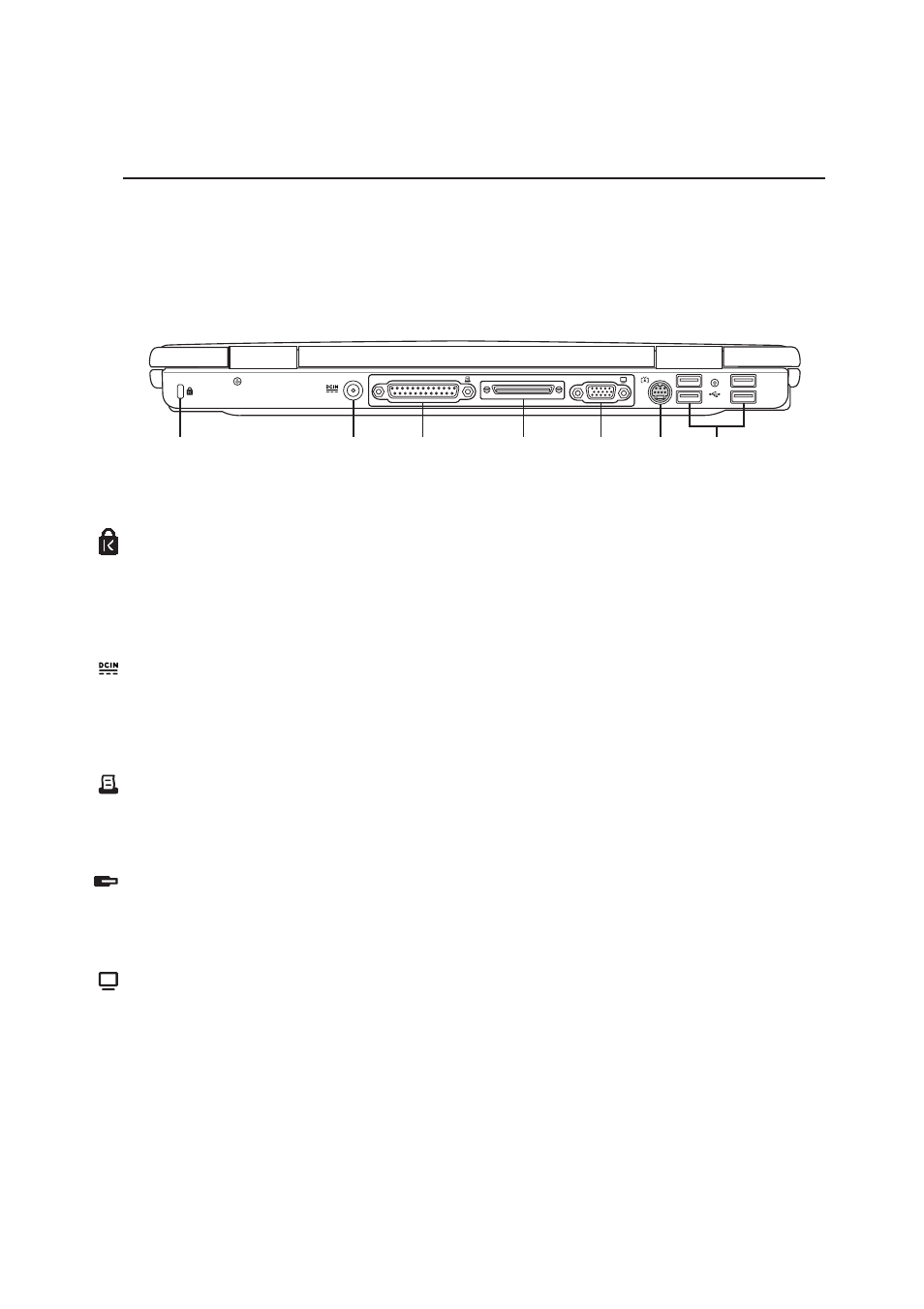 Rear side, 23 knowing the parts, Kensington | Lock port, Monitor port, Dc power input jack, Parallel port, Expansion port | Asus M6N User Manual | Page 24 / 76