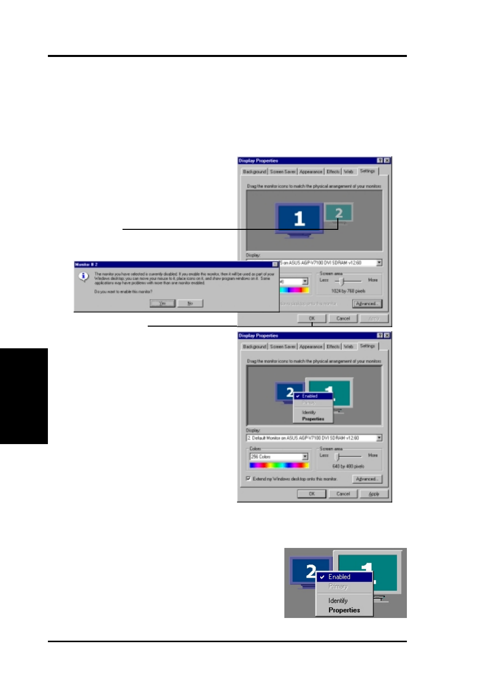 Software reference, Twinview, Windows 98/me | Enable extended desk- top mode, Disable extended desktop mode | Asus V7100 Series User Manual | Page 60 / 124