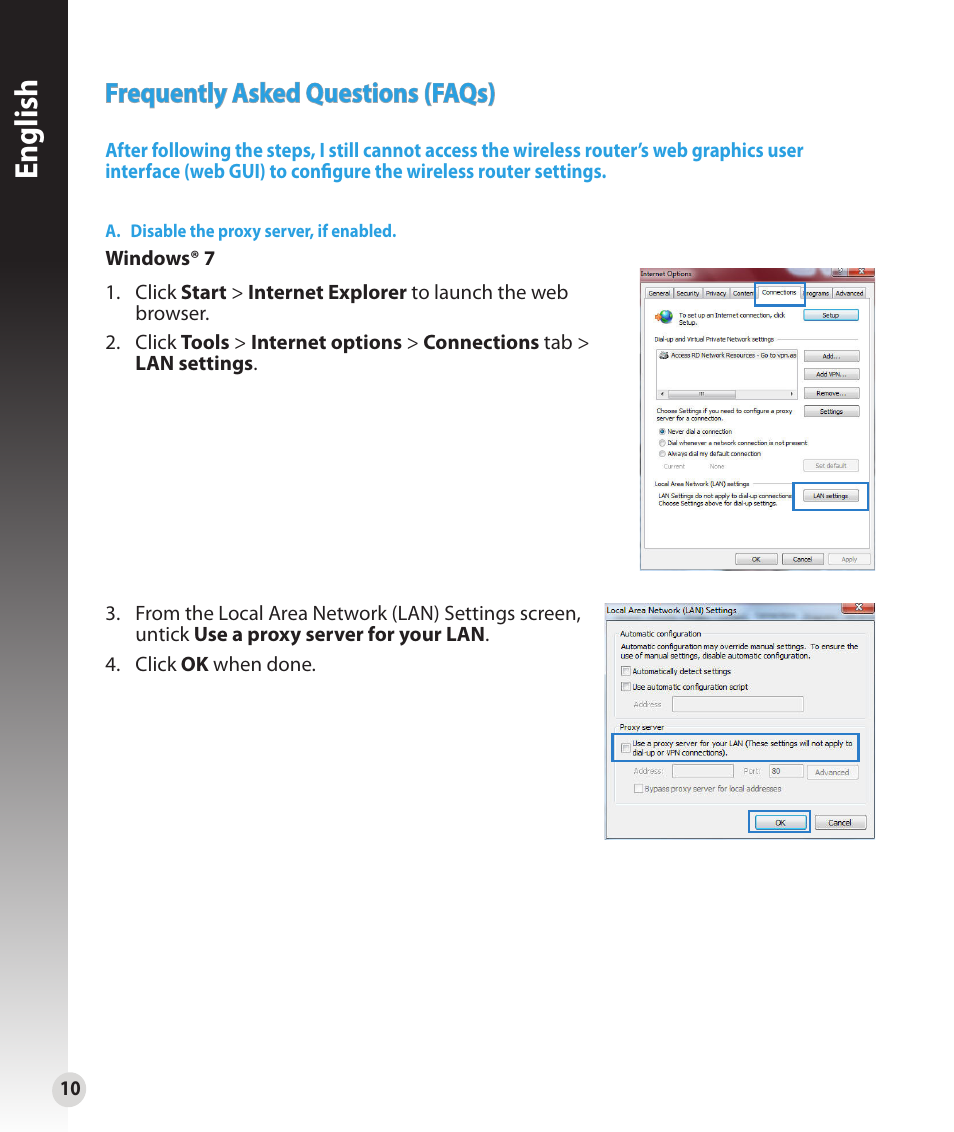 English, Frequently asked questions (faqs) | Asus RT-N16 User Manual | Page 10 / 147