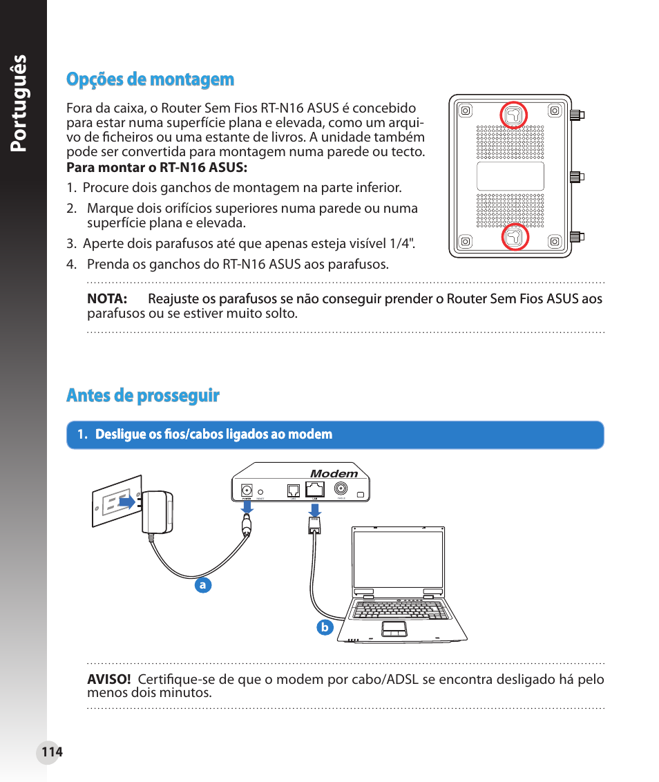 Por tuguês, Antes de prosseguir, Opções de montagem | Asus RT-N16 User Manual | Page 102 / 147