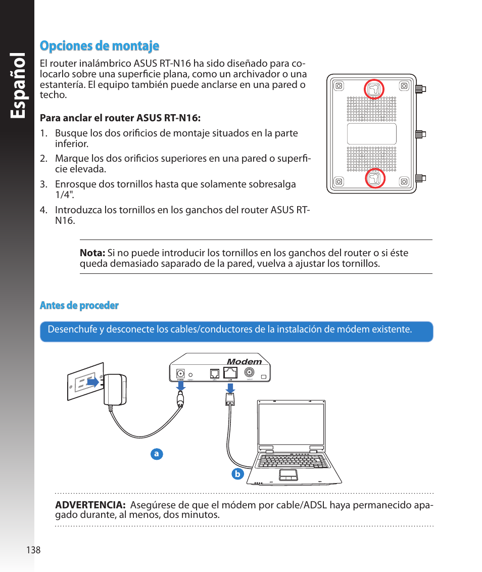 Español, Opciones de montaje | Asus RT-N16 User Manual | Page 126 / 147