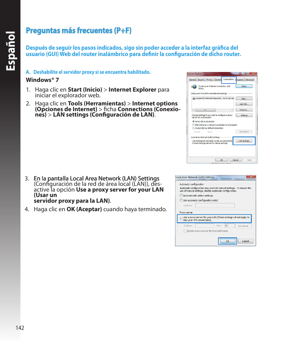 Español, Preguntas más frecuentes (p+f) | Asus RT-N16 User Manual | Page 130 / 147