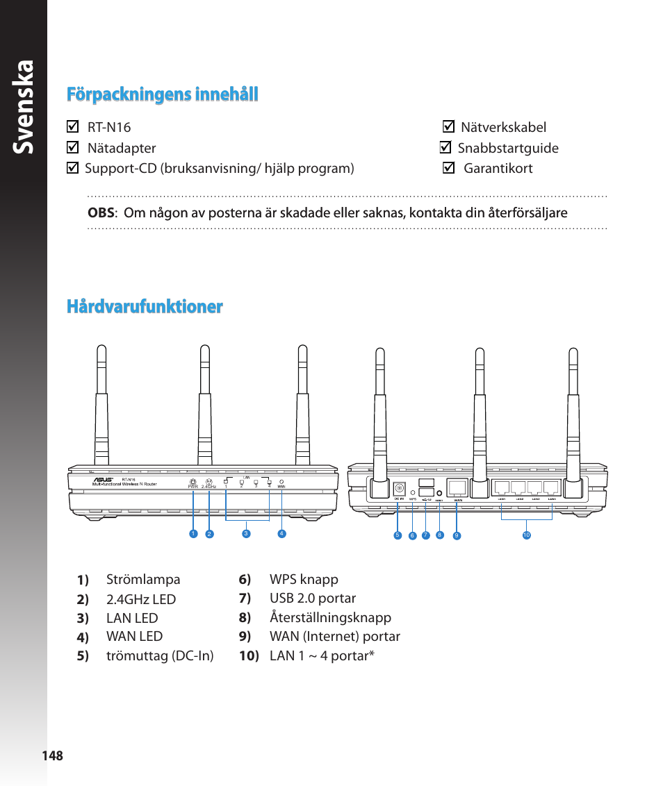 Sv ensk a, Förpackningens innehåll, Hårdvarufunktioner | Asus RT-N16 User Manual | Page 136 / 147