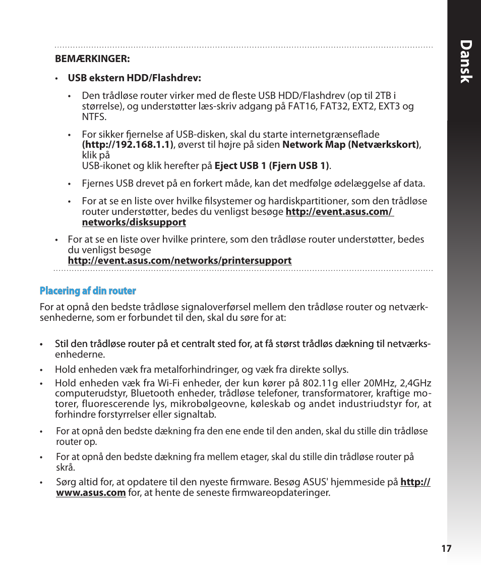 Dansk | Asus RT-N16 User Manual | Page 17 / 147