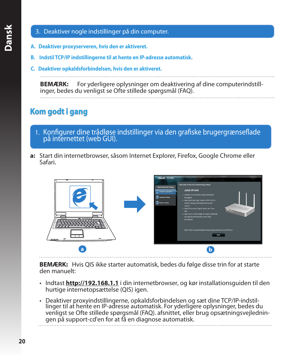 Dansk, Kom godt i gang | Asus RT-N16 User Manual | Page 20 / 147