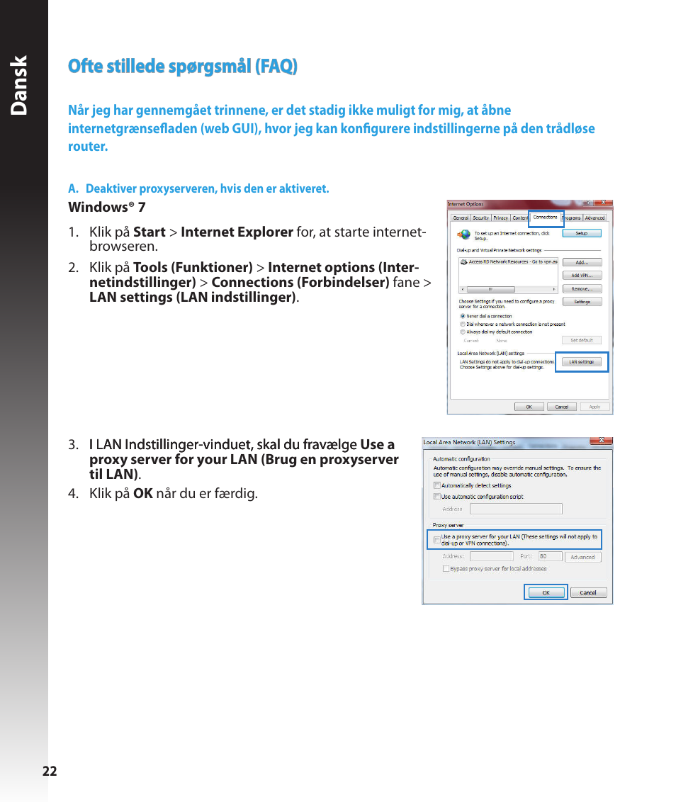 Dansk, Ofte stillede spørgsmål (faq) | Asus RT-N16 User Manual | Page 22 / 147